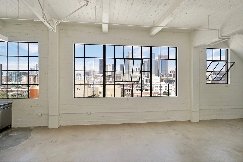 GamerHive Apartments Vacant unit dining room view of downtown LA