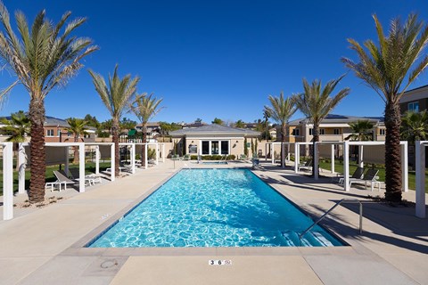Resort style pool with palm trees and cabanas at The Park on Washington Apartments, Murrieta, CA