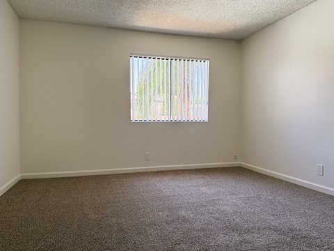 A room with a carpeted floor and a window with blinds.