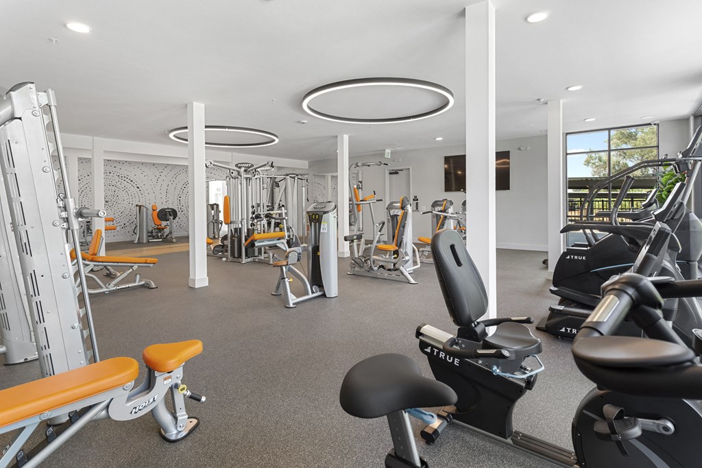 a gym with cardio equipment and weights in a building at The Venue at Orange Apartments, Redlands