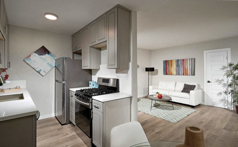 a kitchen and living room with stainless steel appliances and a white couch