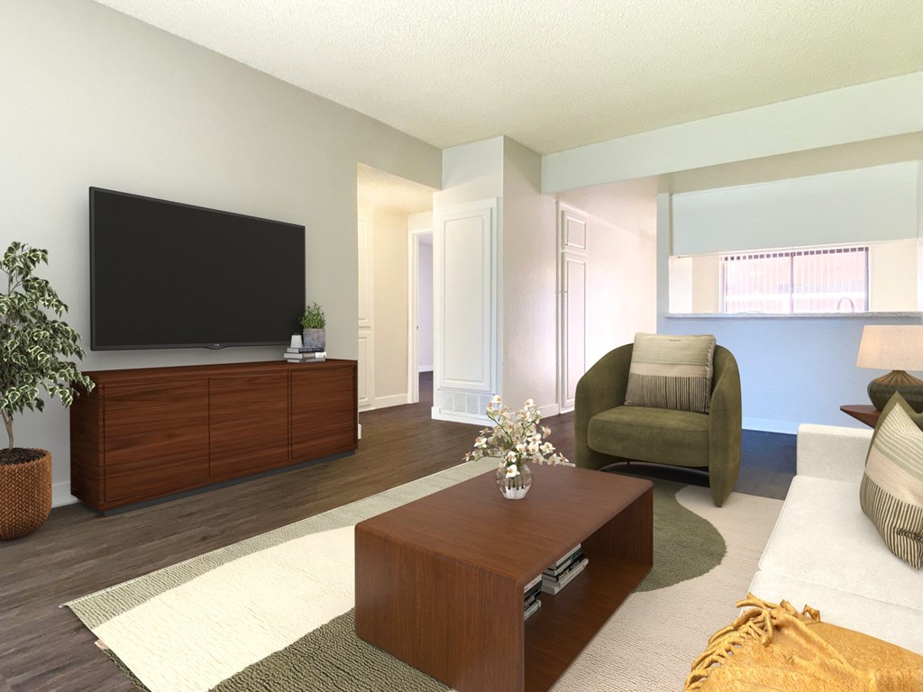 a living room with a couch and a coffee table and a television at Summer Meadows, Riverside, CA, 92507