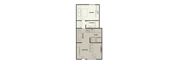 A floor plan of a house with a bedroom, bathroom, kitchen, dining area, and living room.