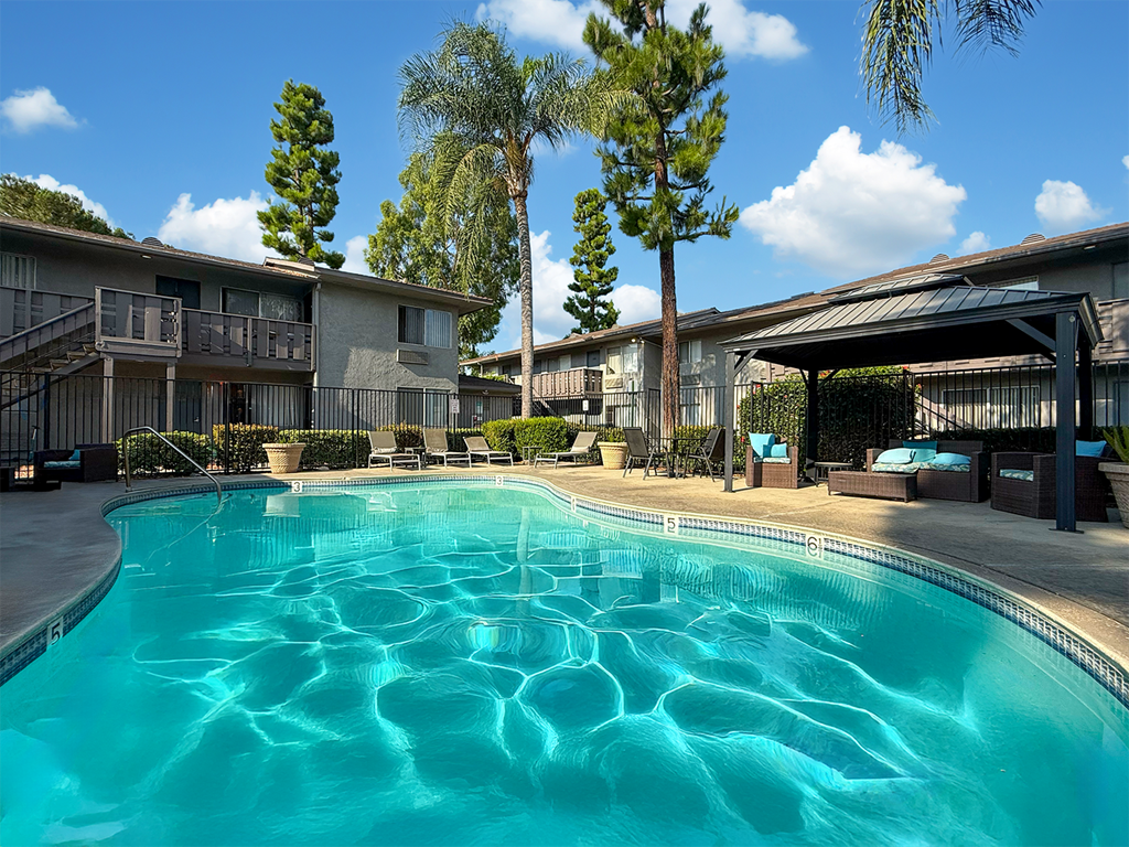 A swimming pool in a residential area with trees and houses in the background.