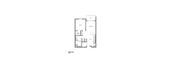 A floor plan of a unit with a kitchen, living room, and two bedrooms.