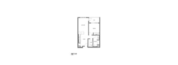 A floor plan of a unit with a living room, dining room, kitchen, and two bedrooms.