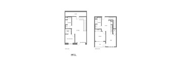A floor plan of a living space with two floors and labeled rooms.