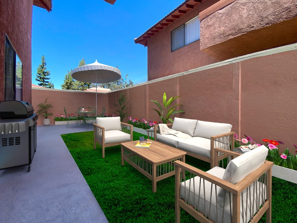 a backyard patio with furniture and a grill at Summer Meadows, Riverside, CA, 92507