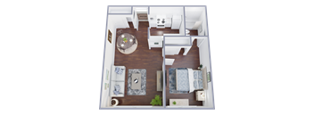 A top down view of a living room, kitchen and bedroom.