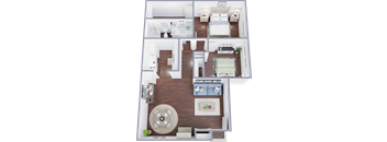 A floor plan of a house with a living room, two bedrooms, a kitchen, and a bathroom.