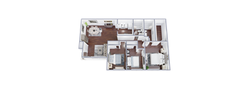 A top-down view of a house layout with a living room, kitchen, and bedrooms.