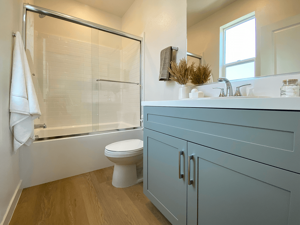 a bathroom with a sink and a toilet and a shower