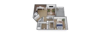 1x1C Floor Plan at the Max with spacious bedroom, living area and kitchen, private bathroom, in unitwasher/dryer, and spacious patio.