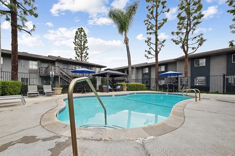 A swimming pool surrounded by trees and chairs.