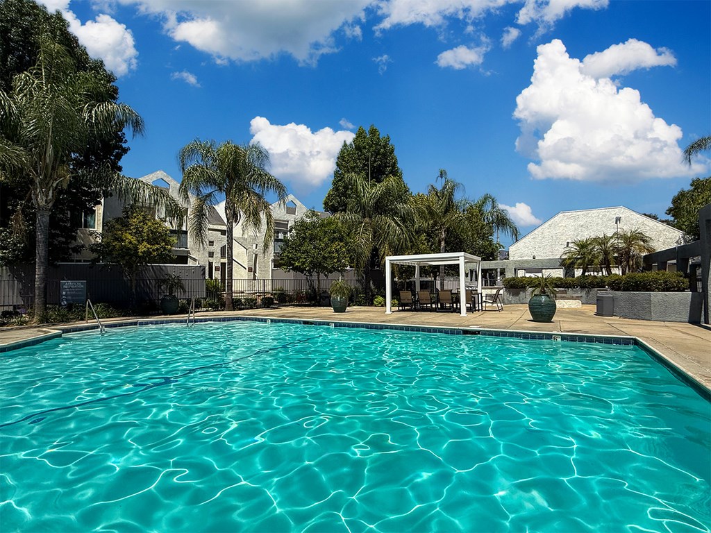 A swimming pool surrounded by trees and a building in the background at Ridgeline Apartments in San Bernardino