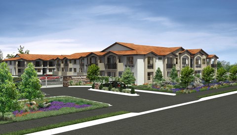 A rendering of a building with a red roof and a garden in front.