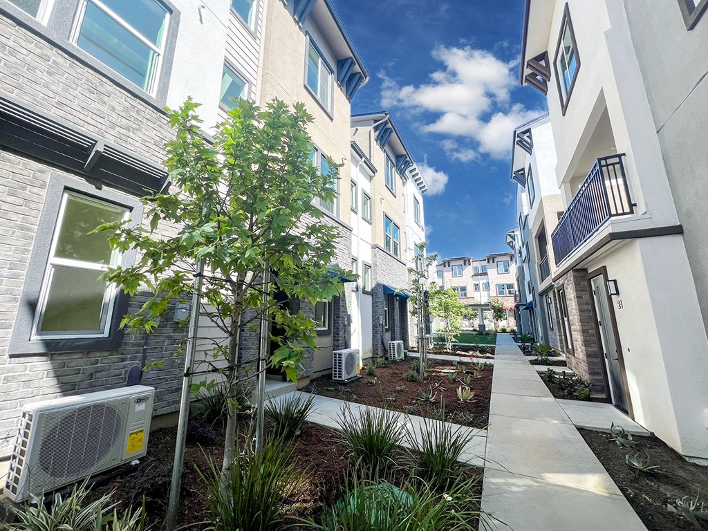 a sidewalk in front of a building with trees and plants at The Willow Townhomes, California