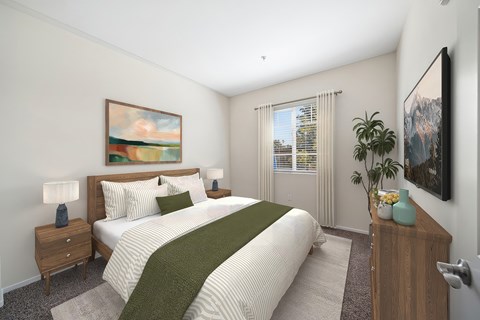 A bedroom with a large bed and a painting on the wall.