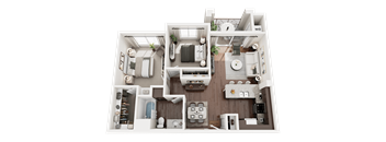 3D Rendered Floor Plan of Turtle Creek 2 Bedroom 1 Bathroom Apartment Home
