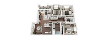 3D Rendered Floor Plan of Turtle Creek 3 Bedroom 2 Bathroom Apartment Homes