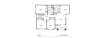 A black and white diagram of a house's first floor plan.
