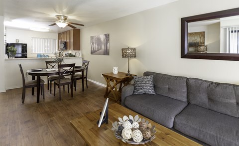 A grey couch sits in a living room with a wooden floor and a mirror on the wall.