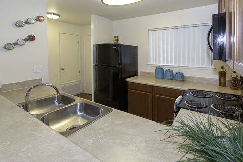 A kitchen with a black refrigerator and stove top oven.