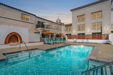 Resort style pool with spa and fireplace at Haven at La Mesa Apartments, La Mesa, California