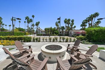 A fire pit surrounded by chairs in a garden.