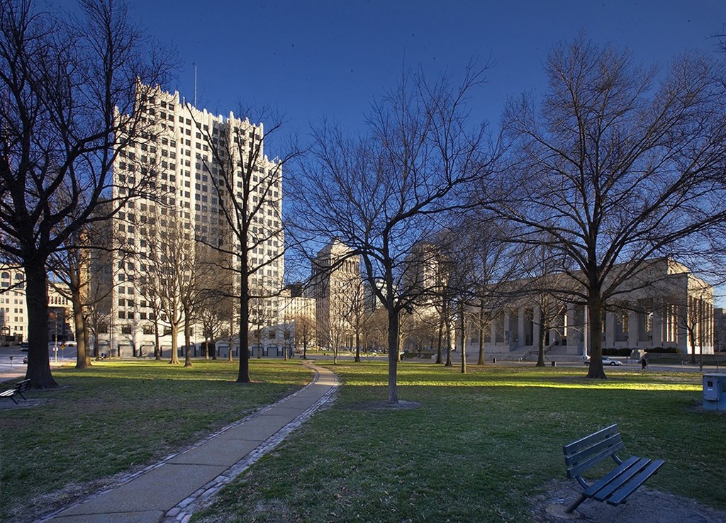 a park with trees and buildings in the background