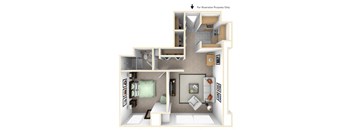 a stylized floor plan with a bedroom and living room