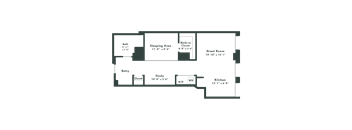 a floor plan of a house with green walls and a staircase leading up to the second floor