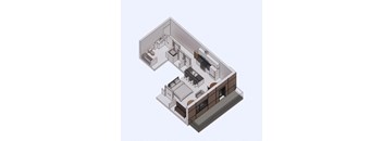A 3D isometric view of a house layout with a kitchen, living room, and bedrooms.