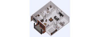 A 3D diagram of a house layout with a kitchen, living room, and bathroom.