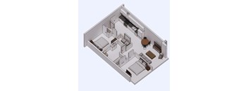 A 3D floor plan of a house with a kitchen, living room, and two bedrooms.