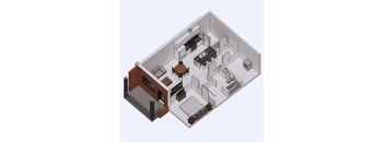 A 3D floor plan of a house with a kitchen, living room, and two bedrooms.