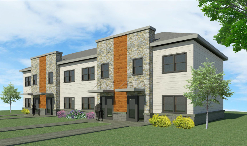 a rendering of the exterior of a three story apartment building