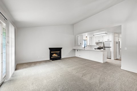 A living room with a fireplace and a kitchen in the background.