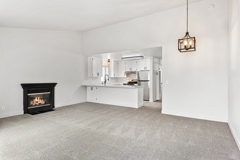 A living room with a fireplace and a kitchen in the background.
