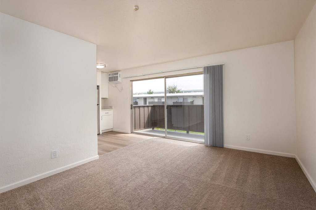 Living Room of an Upstairs 1 BRM Apartment with a View of the Sliding Glass Door
