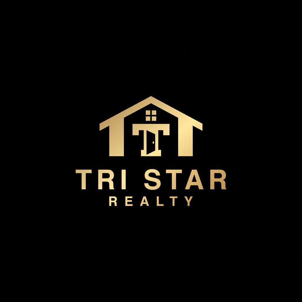 a real estate logo on a black background with a house
