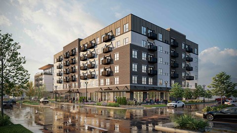 a rendering of an apartment building on a rainy day