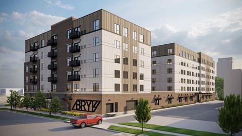 a rendering of an apartment building with a red car in front of it