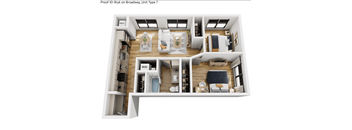 A floor plan of a studio apartment with a kitchen, living room, and bedroom.
