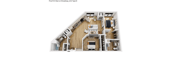 A cutaway view of a small apartment layout.