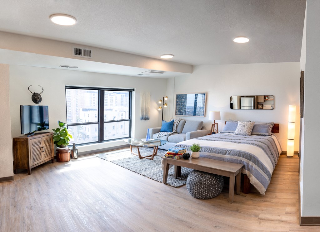 a bedroom with a bed and a couch