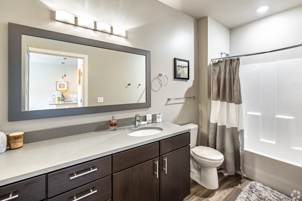 a bathroom with a large mirror and a toilet and a shower