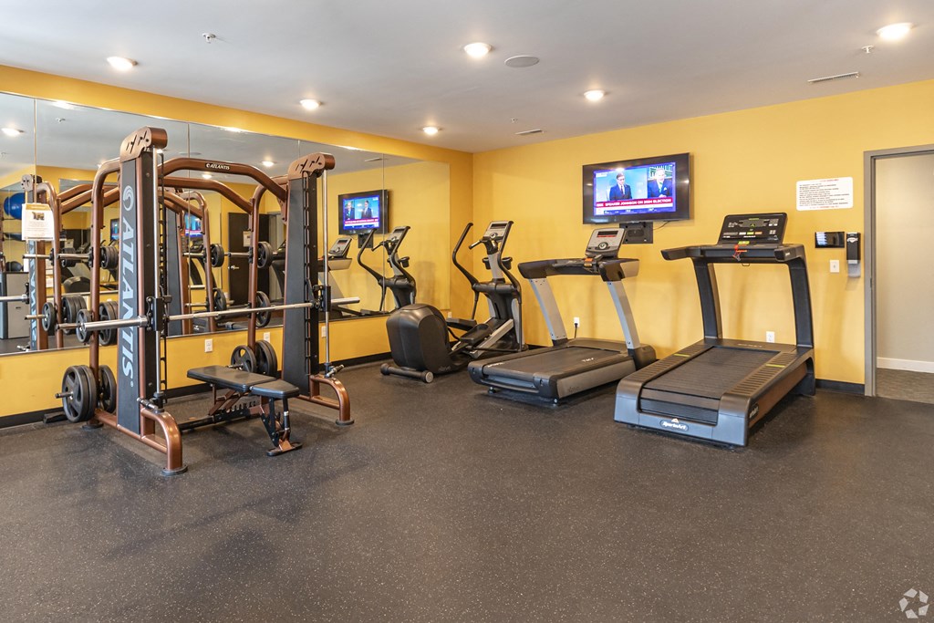 a gym with treadmills and other exercise equipment and a tv