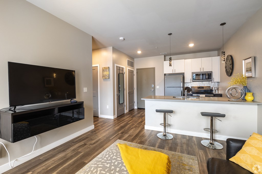 a living room with a kitchen and a television