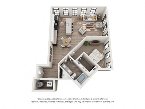 1 bed 1 bath floor plan H at 1400 Russell Apartments, Saint Louis, Missouri